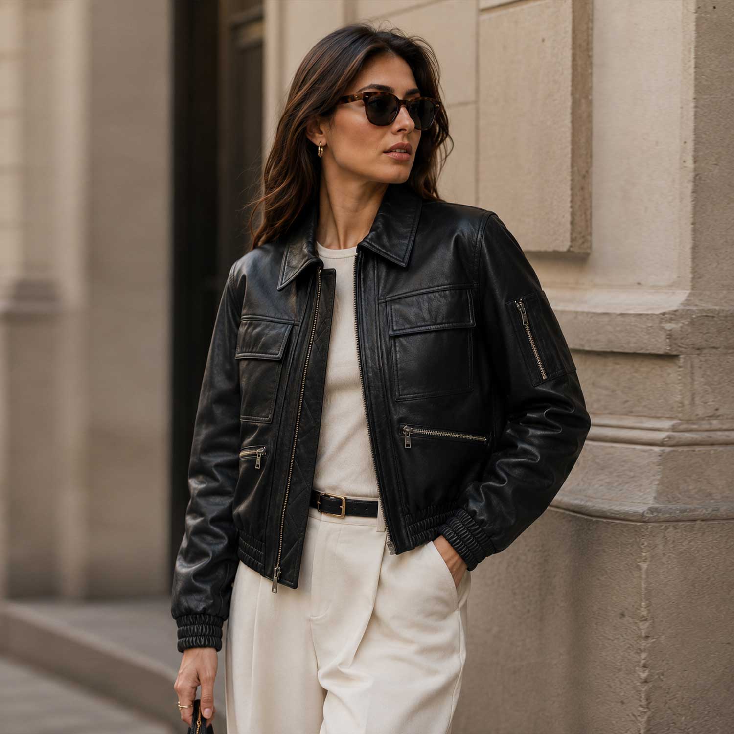 The Corvayne oversized black sheepskin leather bomber jacket by SaltCo featuring a relaxed oversized fit and aviator-inspired design.