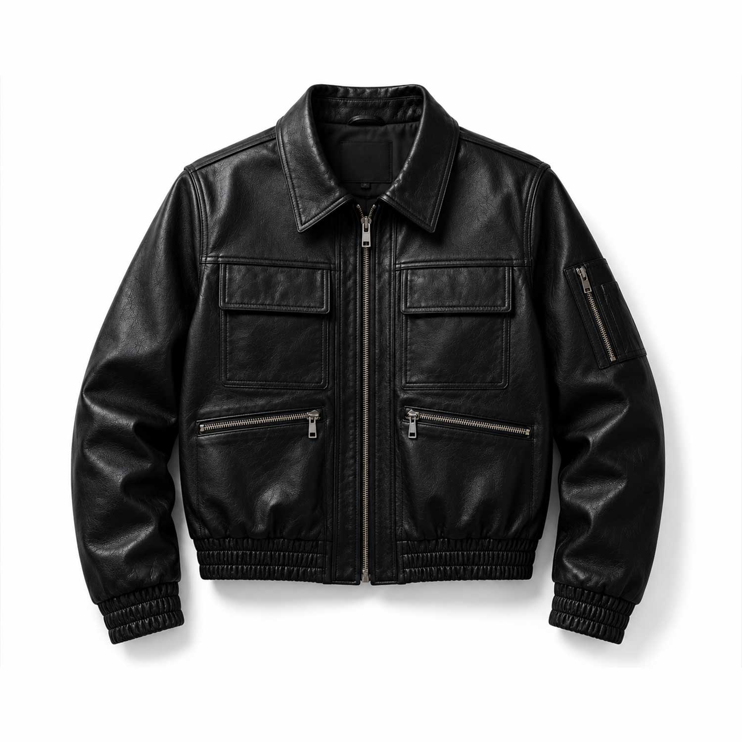 The Corvayne oversized black leather bomber jacket with elastic waistband and dropped shoulders.