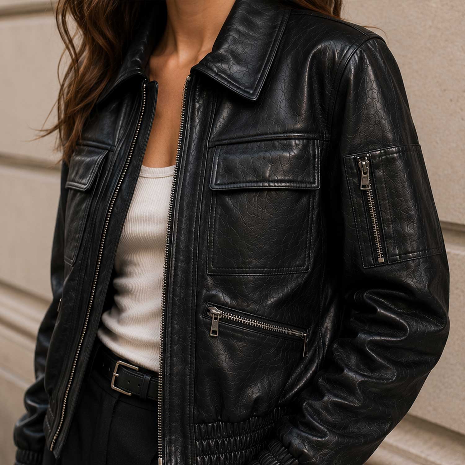 Utility chest pocket detail on The Corvayne oversized leather bomber jacket.