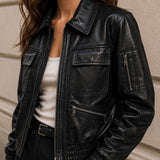 Utility chest pocket detail on The Corvayne oversized leather bomber jacket.