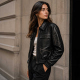 Premium shirt collar construction on The Corvayne black sheepskin leather bomber jacket.
