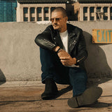 SaltCo Men's Black Biker Leather Jacket featuring genuine leather construction, asymmetrical zipper closure, silver hardware, and classic motorcycle styling.