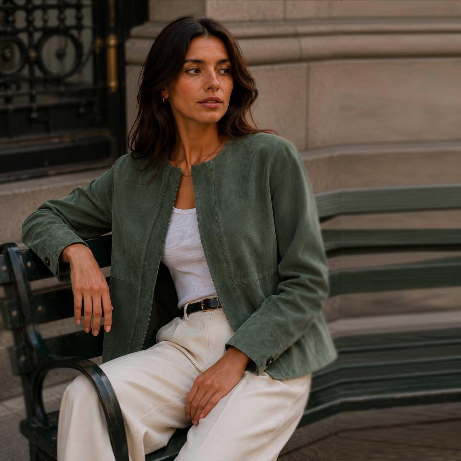 SaltCo Women's Green Suede Leather Jacket Bench Pose