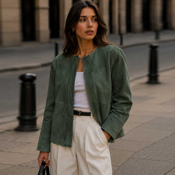 SaltCo Women's Green Suede Leather Jacket Front View
