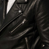 SaltCo Men's Black Biker Leather Jacket featuring genuine leather construction, asymmetrical zipper closure, silver hardware, and classic motorcycle styling.
