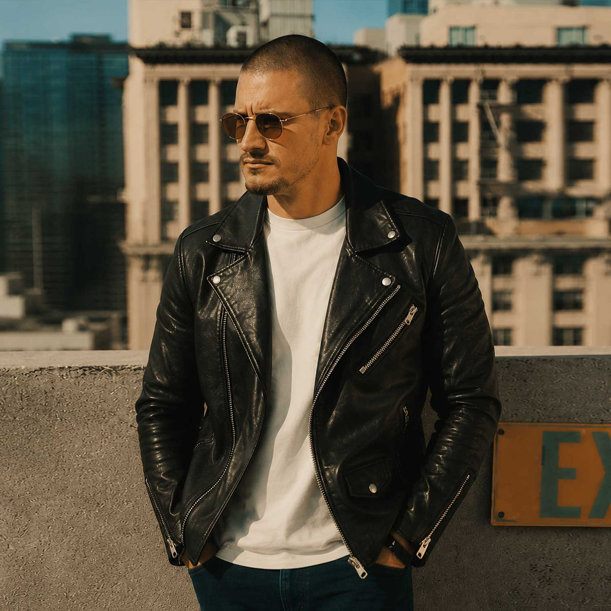 SaltCo Men's Black Biker Leather Jacket featuring genuine leather construction, asymmetrical zipper closure, silver hardware, and classic motorcycle styling.