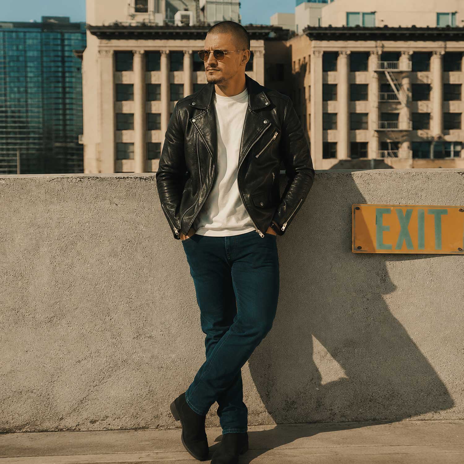 SaltCo Men's Black Biker Leather Jacket featuring genuine leather construction, asymmetrical zipper closure, silver hardware, and classic motorcycle styling.
