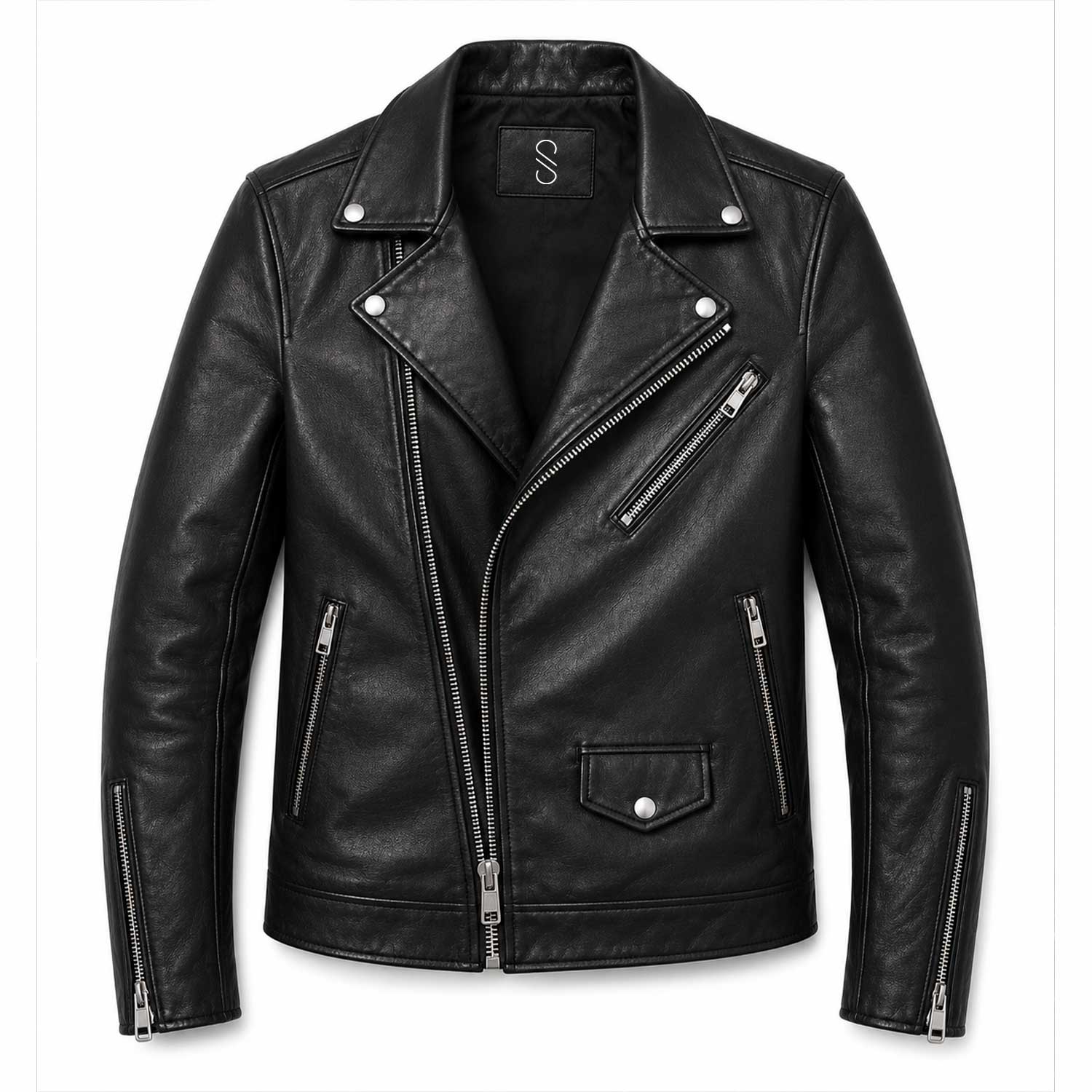 SaltCo Men's Black Biker Leather Jacket featuring genuine leather construction, asymmetrical zipper closure, silver hardware, and classic motorcycle styling.