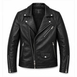 SaltCo Men's Black Biker Leather Jacket featuring genuine leather construction, asymmetrical zipper closure, silver hardware, and classic motorcycle styling.