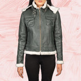 Selene Green Shearling Hooded Leather Jacket for Women