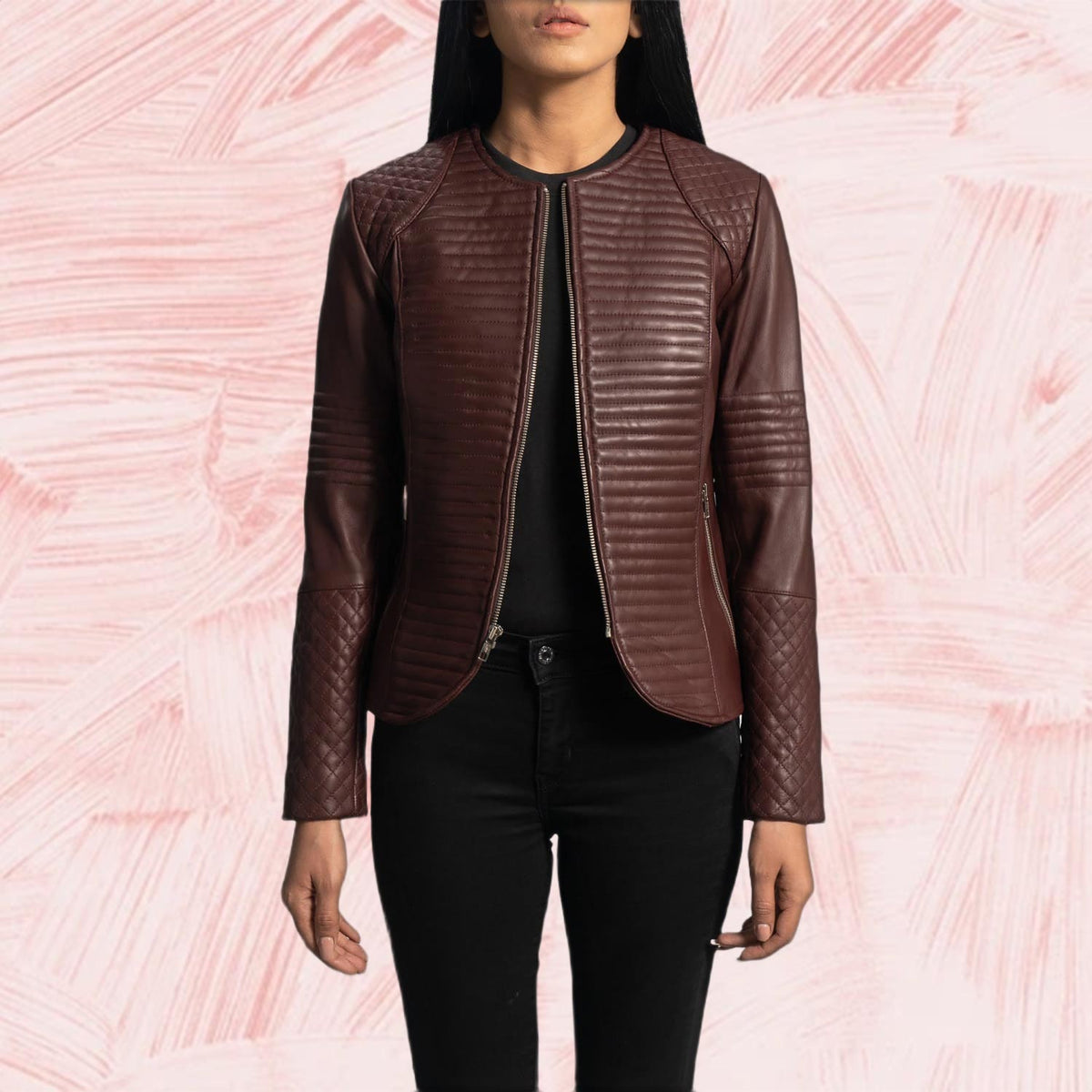 Seraphine Quilted Maroon Leather Jacket for Women
