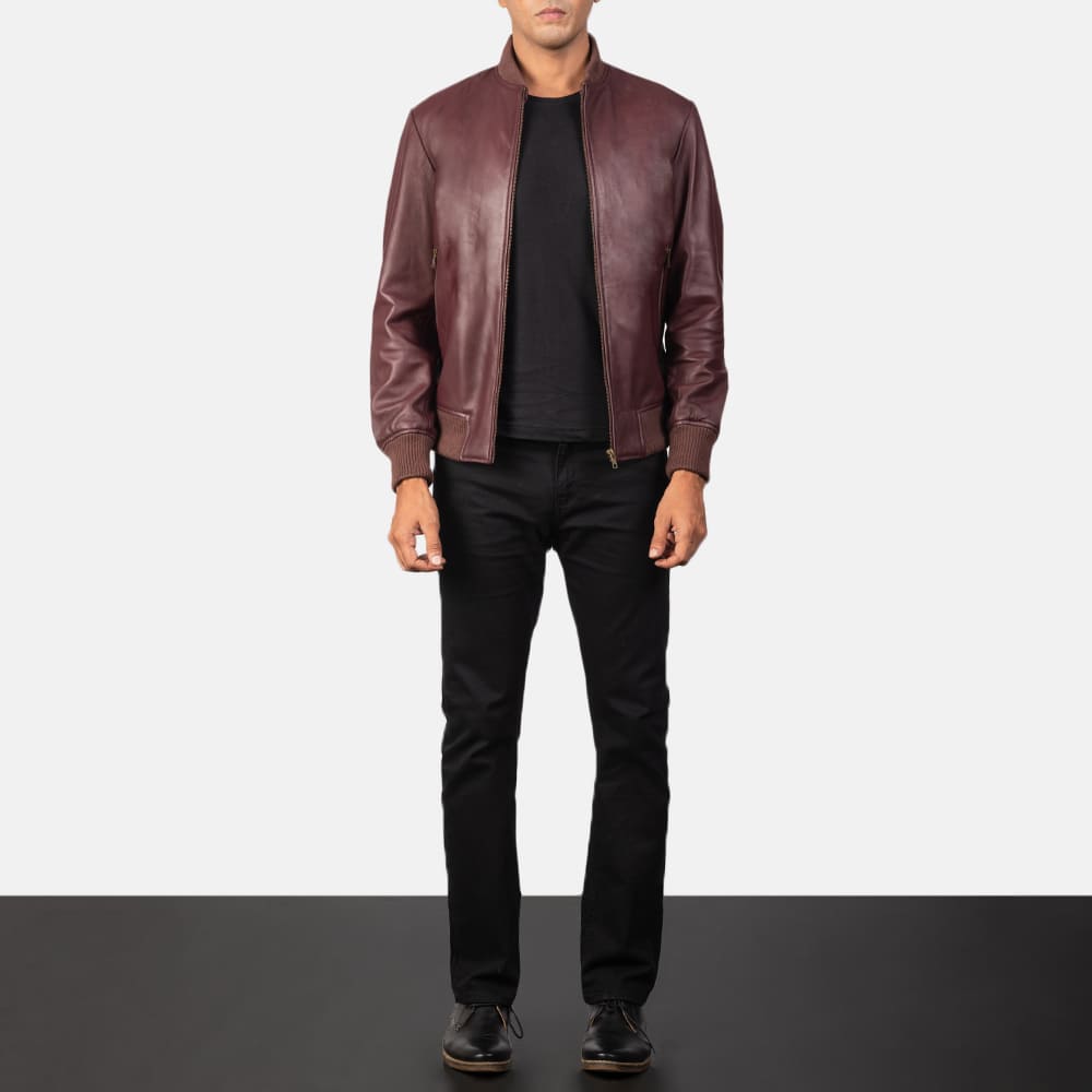 Shane Maroon Leather Bomber Jacket for Men