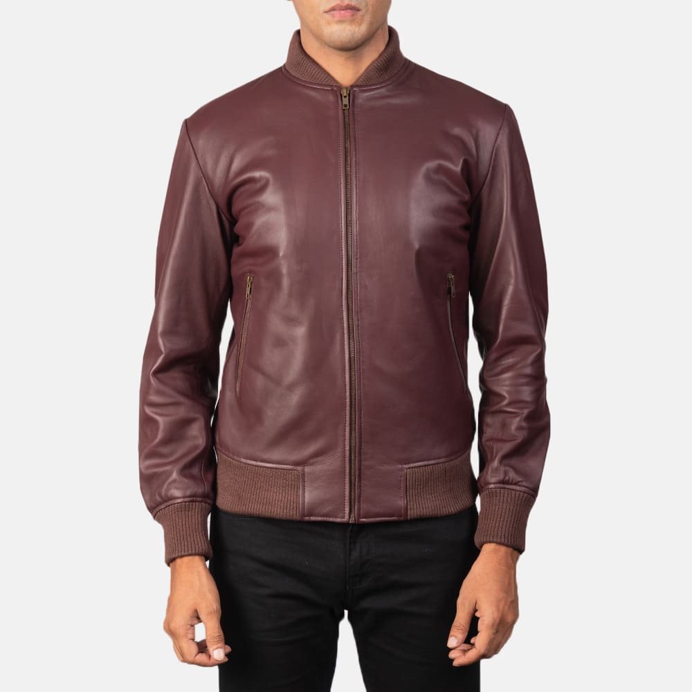 Shane Maroon Leather Bomber Jacket for Men