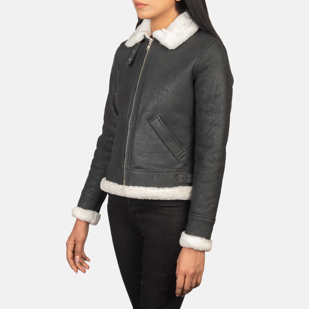 Elowen B-3 Black & White Shearling Leather Bomber Jacket for Women
