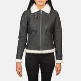 Elowen B-3 Black & White Shearling Leather Bomber Jacket for Women