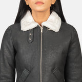 Elowen B-3 Black & White Shearling Leather Bomber Jacket for Women