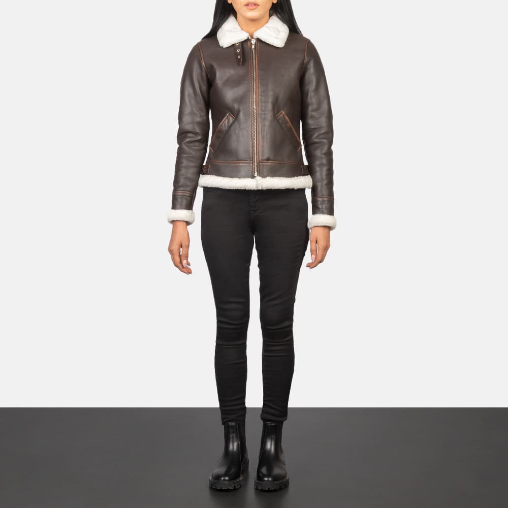 Elowen B-3 Brown Shearling Leather Bomber Jacket for Women
