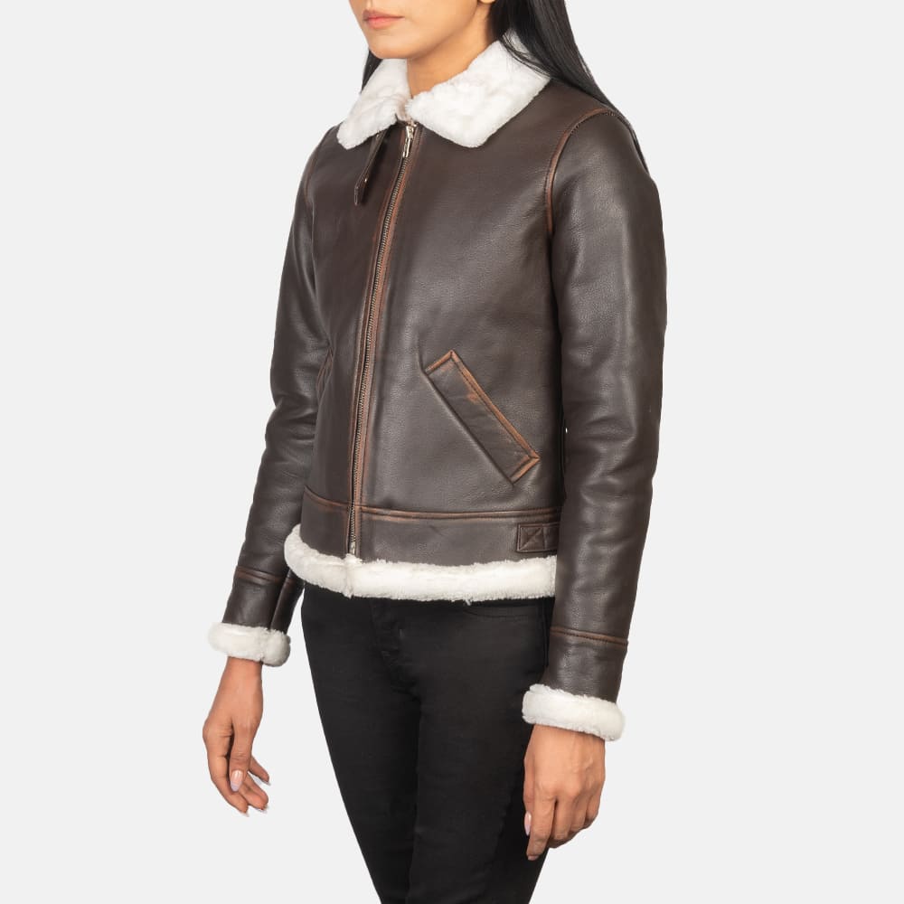 Elowen B-3 Brown Shearling Leather Bomber Jacket for Women