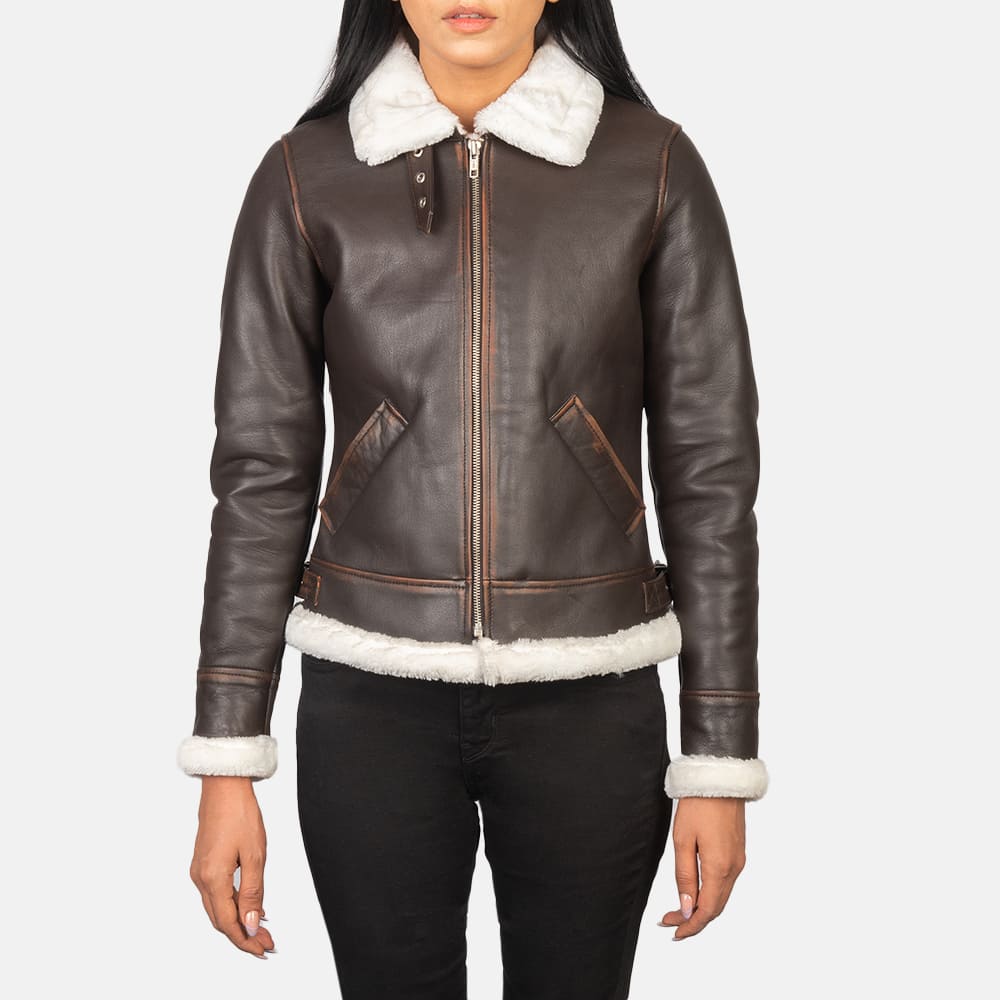 Elowen B-3 Brown Shearling Leather Bomber Jacket for Women