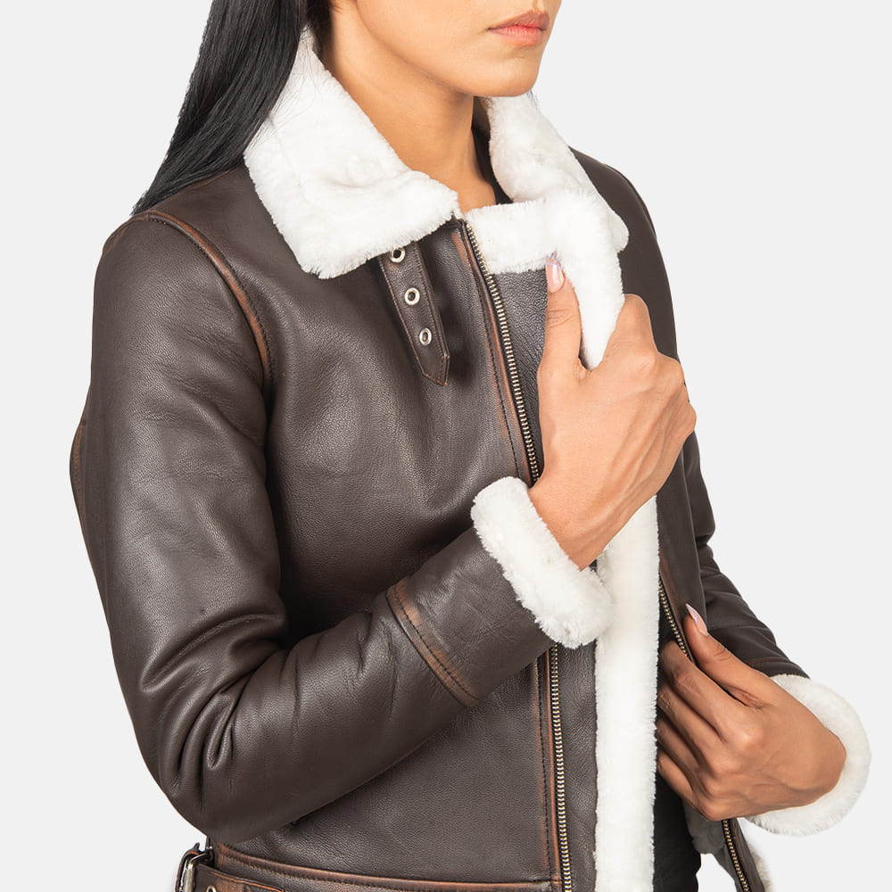 Elowen B-3 Brown Shearling Leather Bomber Jacket for Women