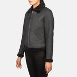 Elowen B-3 Distressed Black Shearling Leather Bomber Jacket for Women