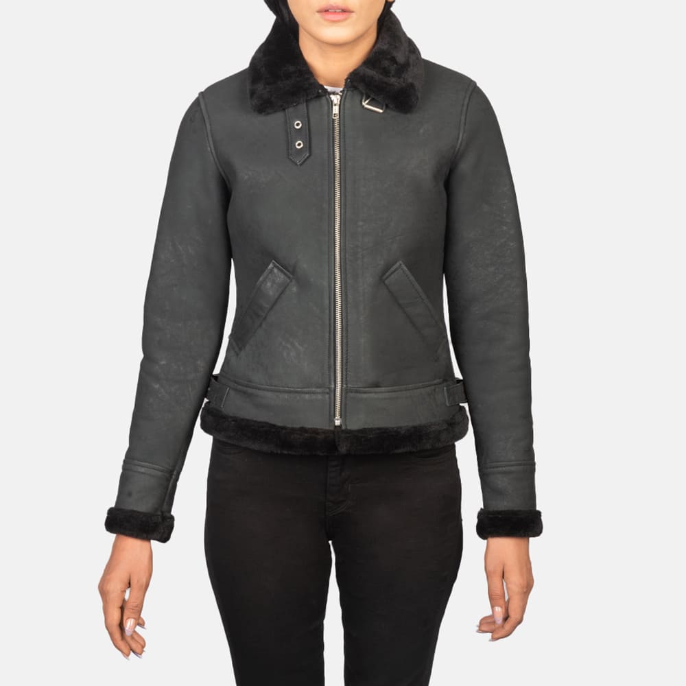 Elowen B-3 Distressed Black Shearling Leather Bomber Jacket for Women