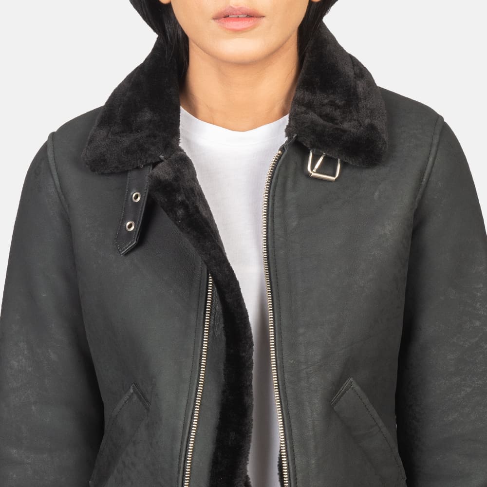 Elowen B-3 Distressed Black Shearling Leather Bomber Jacket for Women