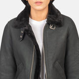 Elowen B-3 Distressed Black Shearling Leather Bomber Jacket for Women