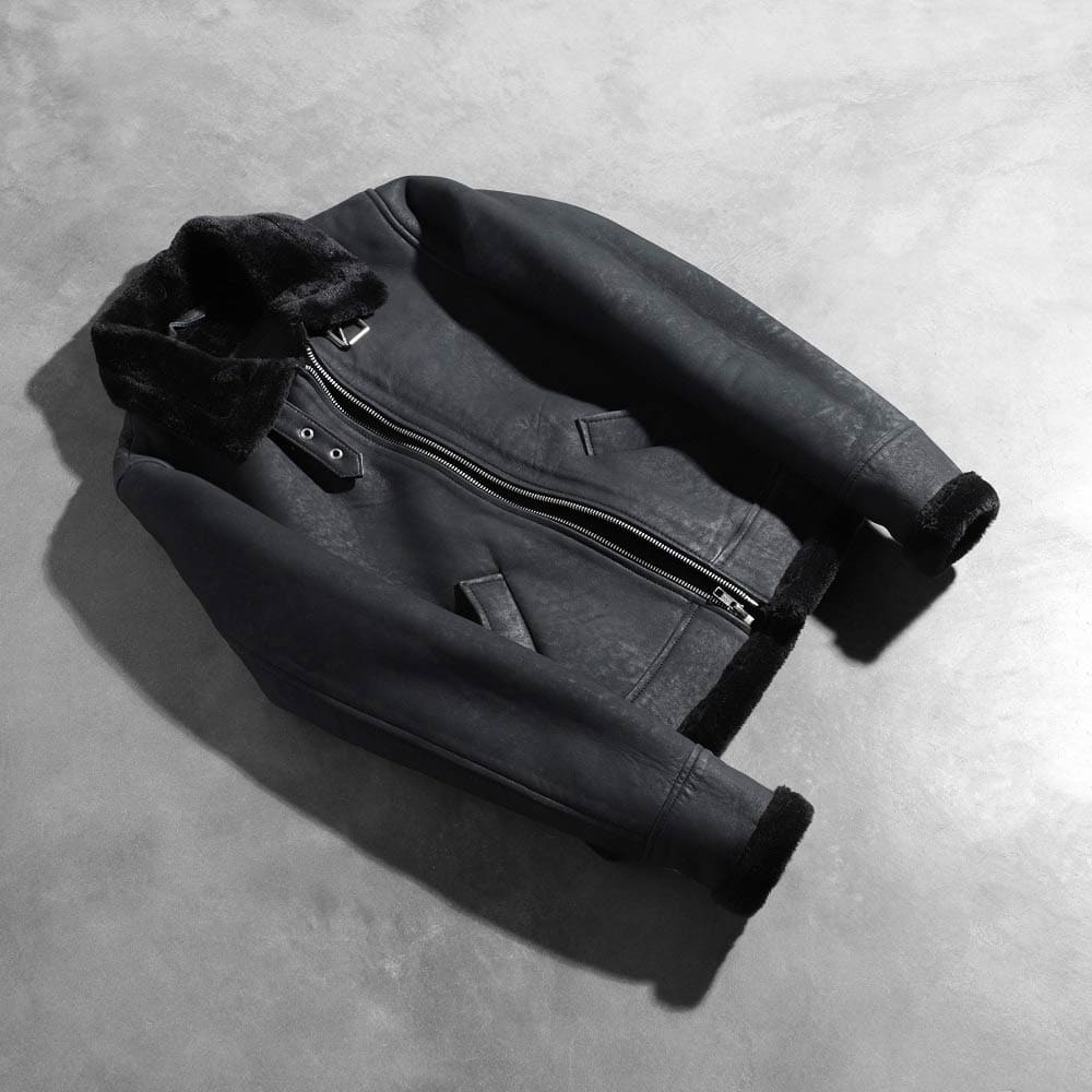 Elowen B-3 Distressed Black Shearling Leather Bomber Jacket for Women