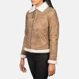 Elowen B-3 Distressed Brown Shearling Leather Bomber Jacket for Women