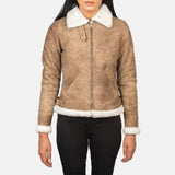 Elowen B-3 Distressed Brown Shearling Leather Bomber Jacket for Women