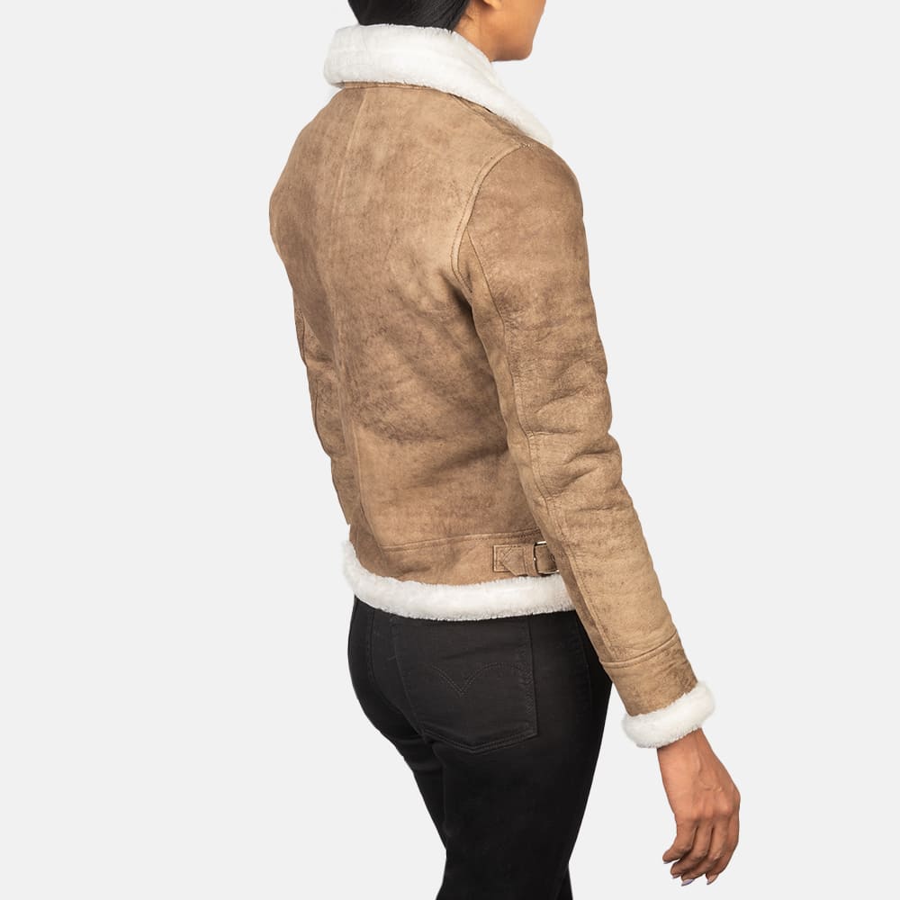 Elowen B-3 Distressed Brown Shearling Leather Bomber Jacket for Women