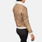 Elowen B-3 Distressed Brown Shearling Leather Bomber Jacket for Women