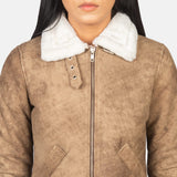 Elowen B-3 Distressed Brown Shearling Leather Bomber Jacket for Women