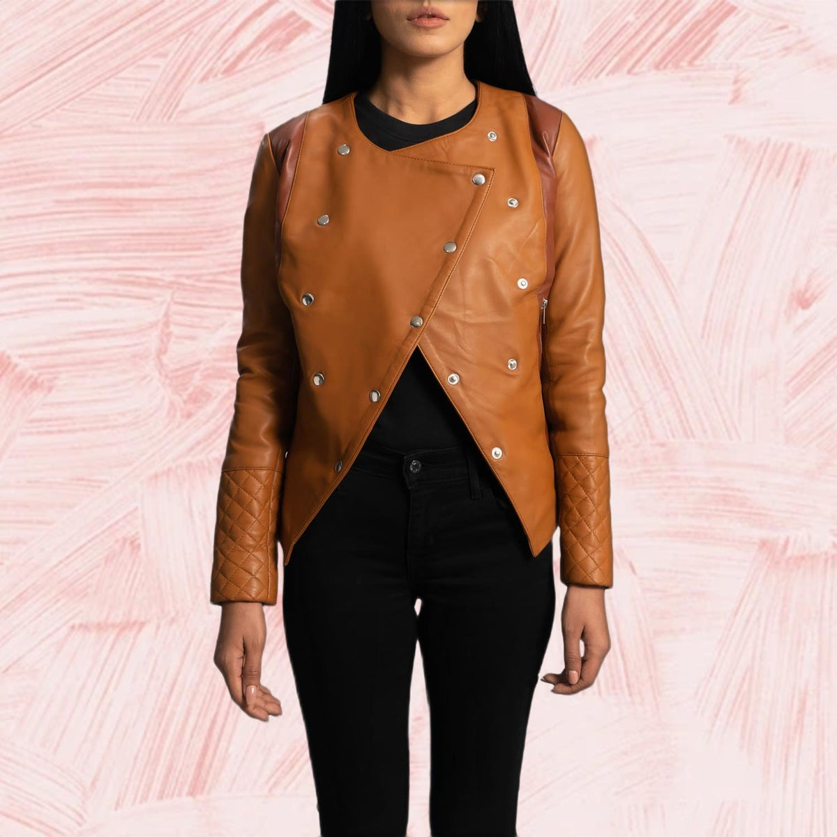 Sienna Tan Overlap Leather Jacket for Women