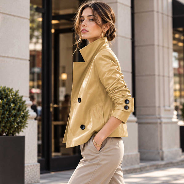 sheepskin jacket
womens leather
beige leather
leather jacket
beige jacket
genuine leather
notched collar
button jacket
leather blazer
womens outerwear
neutral jacket