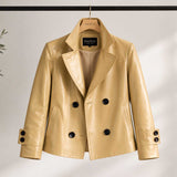 sheepskin jacket
womens leather
beige leather
leather jacket
beige jacket
genuine leather
notched collar
button jacket
leather blazer
womens outerwear
neutral jacket