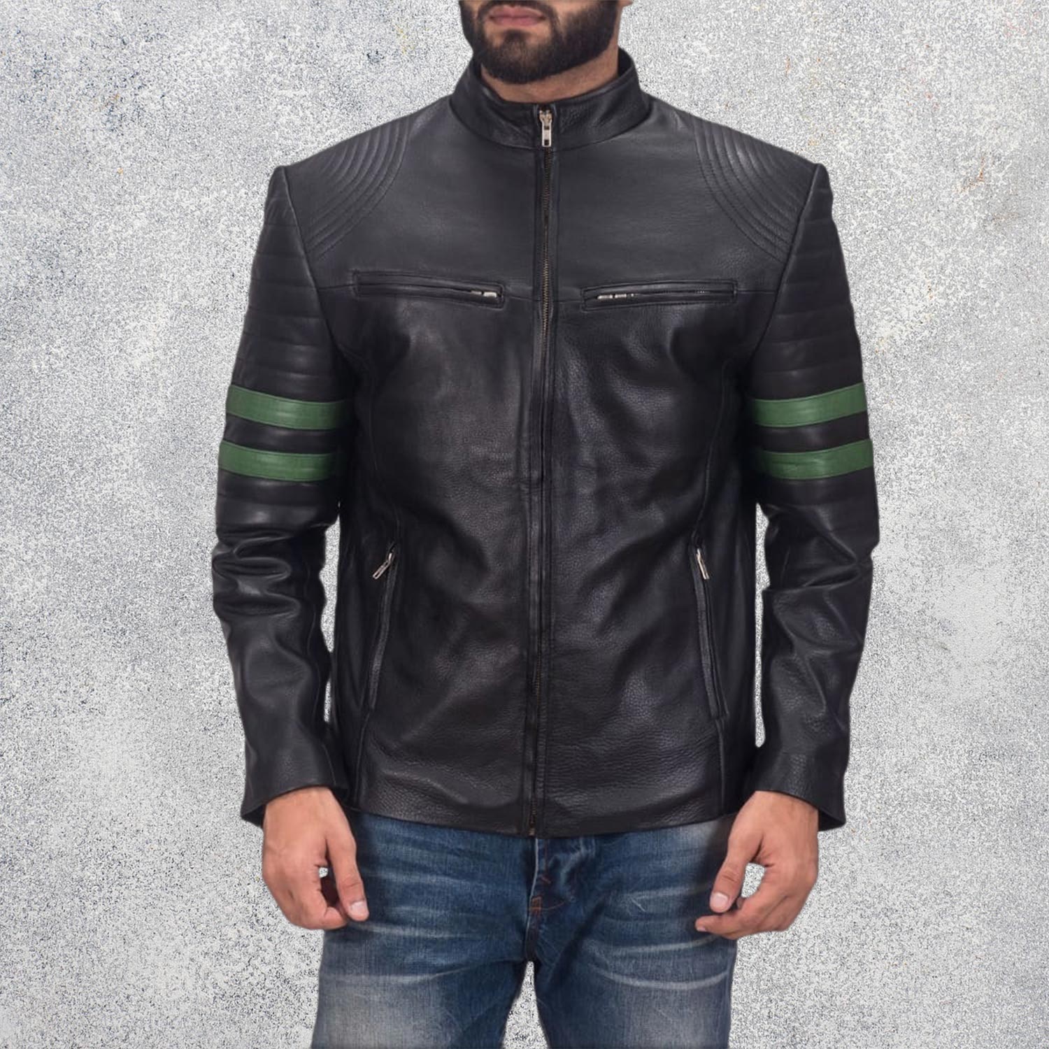 Trooper-Black-Leather-Jacket-with-Green-Stripes