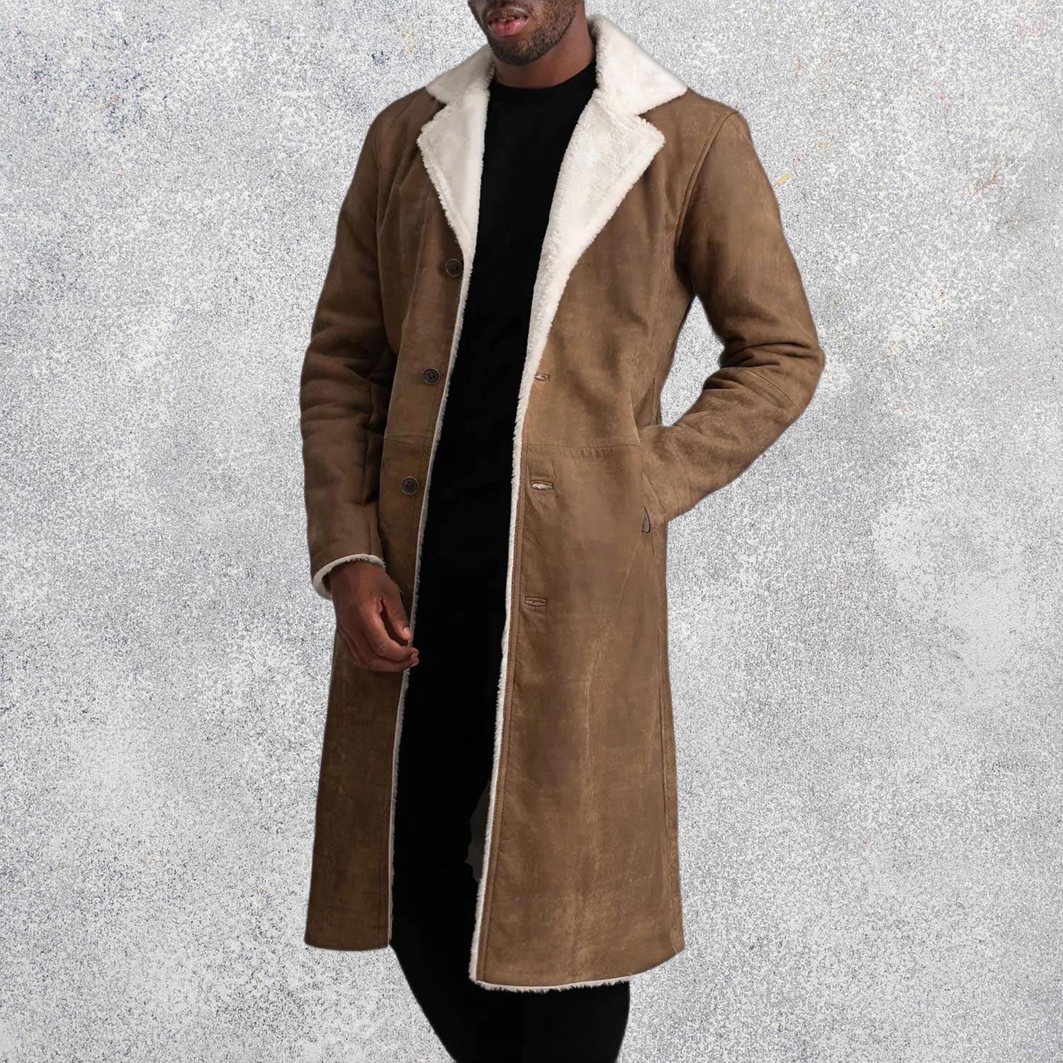 Victor Distressed Brown Shearling Long Coat for Men