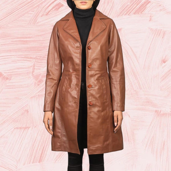 Victoria Brown Single-Breasted Leather Coat for Women