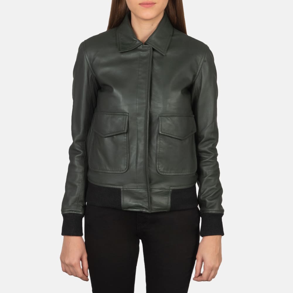 Astra Green Leather Bomber Jacket for Women