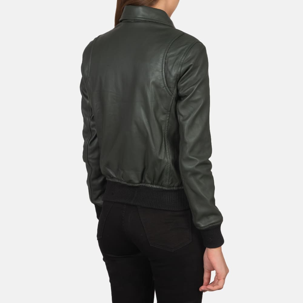 Astra Green Leather Bomber Jacket for Women