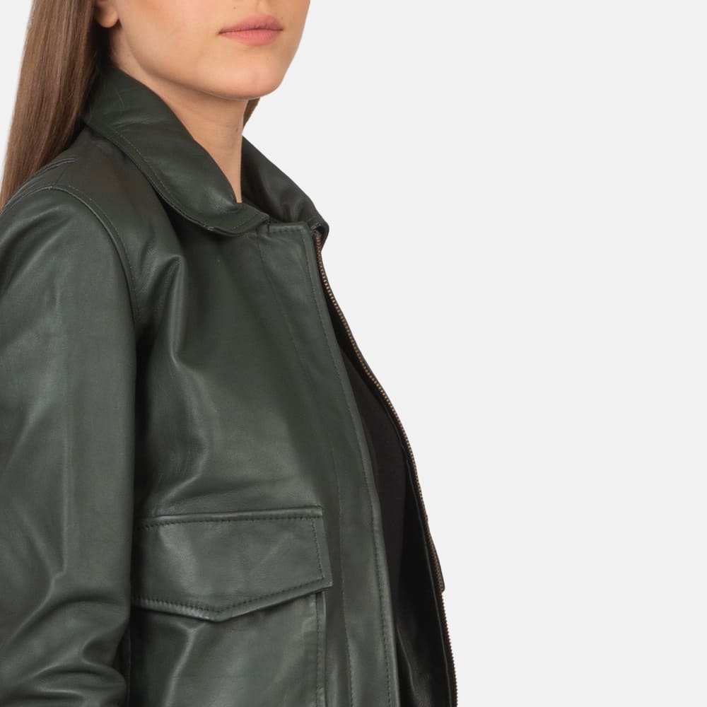 Astra Green Leather Bomber Jacket for Women