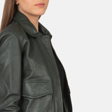 Astra Green Leather Bomber Jacket for Women