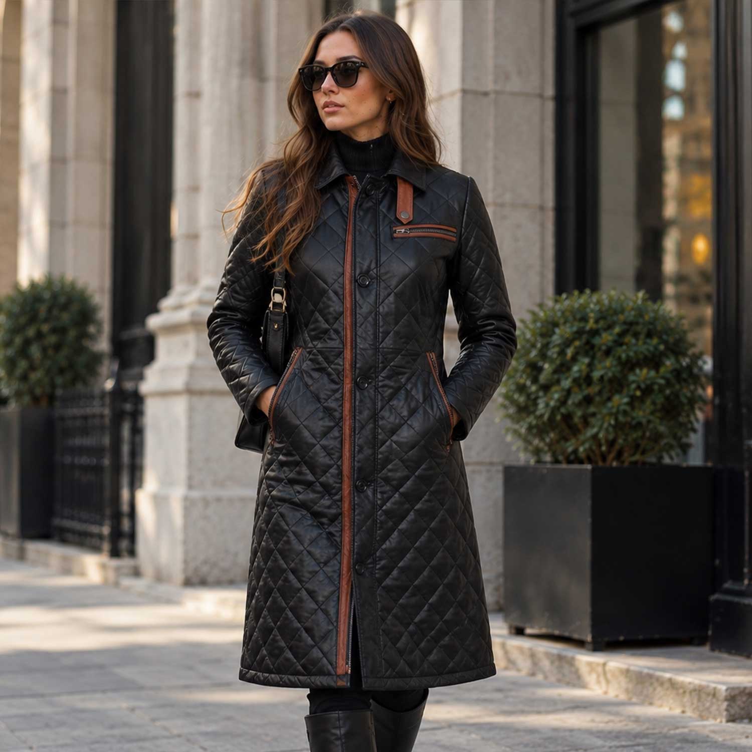 black leather coat, quilted leather, lambskin coat, womens leather coat, long leather coat, leather car coat, diamond quilt coat, genuine leather, black quilted coat, womens winter coat, leather outerwear, brown trim coat, luxury leather coat