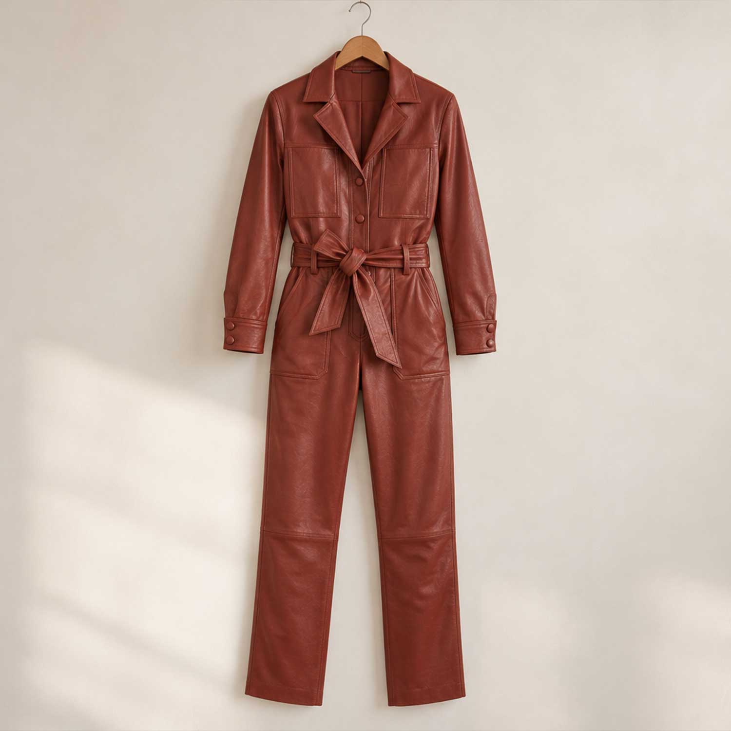 leather jumpsuit, brown jumpsuit, sheepskin leather, womens jumpsuit, belted jumpsuit, genuine leather, leather one piece, brown leather, leather outfit, womens leather, statement outfit, leather fashion, leather romper