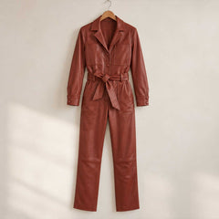 leather jumpsuit, brown jumpsuit, sheepskin leather, womens jumpsuit, belted jumpsuit, genuine leather, leather one piece, brown leather, leather outfit, womens leather, statement outfit, leather fashion, leather romper