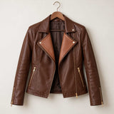 brown leather jacket, lambskin jacket, womens biker jacket, motorcycle jacket, genuine leather, brown biker jacket, leather moto jacket, womens outerwear, notch collar jacket, zipper cuff jacket, vintage biker, leather streetwear, brown moto jacket