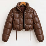 brown puffer jacket

leather puffer coat

cropped puffer

chocolate brown

womens bomber

quilted jacket

high neck jacket

brown leather coat

cropped leather

womens outerwear

winter streetwear

padded bomber

short puffer coat