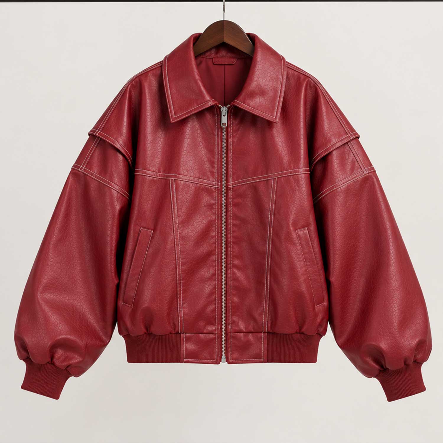 burgundy leather

sheepskin jacket

oversized bomber

womens leather coat

red bomber jacket

contrast stitching

genuine leather

balloon sleeve

leather streetwear

vintage bomber

womens moto jacket

burgundy jacket

leather outerwear